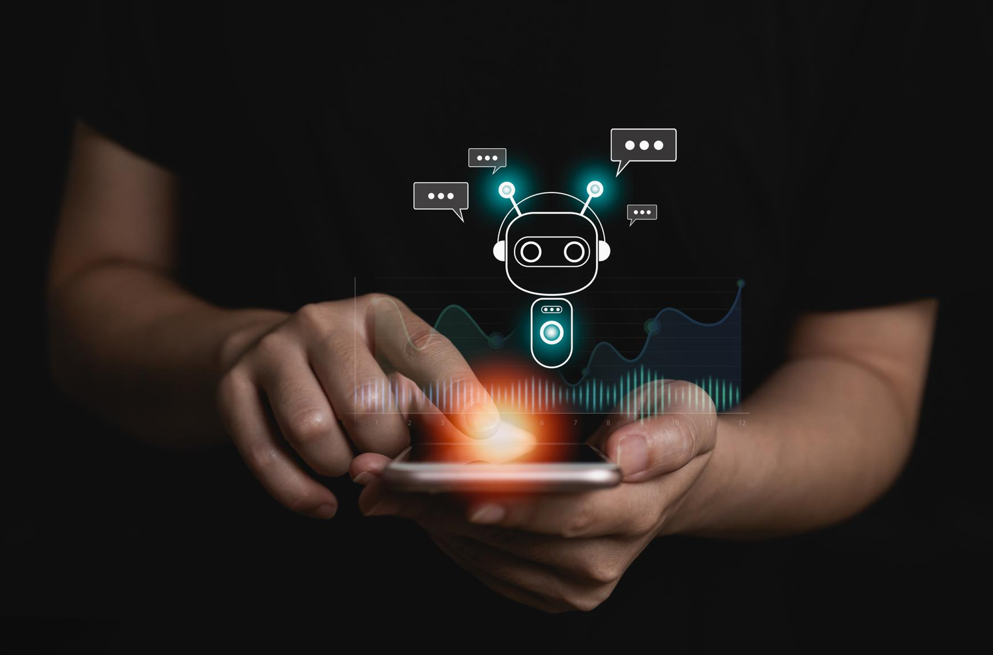 an image of a hand holding a phone with an AI bot coming out of the screen like a hologram